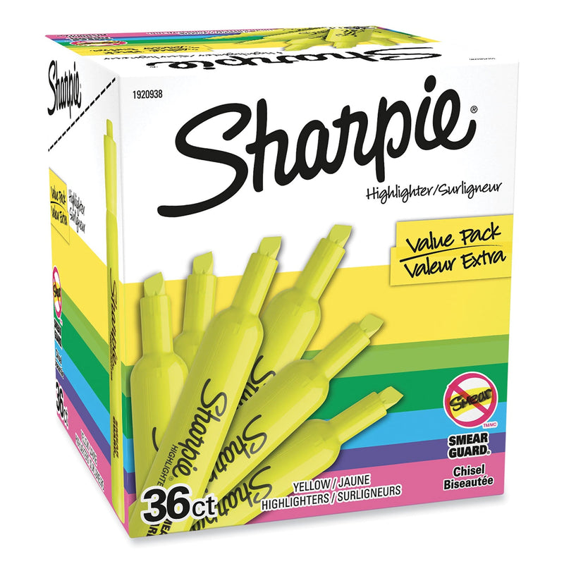 Sharpie Tank Style Highlighter Value Pack, Fluorescent Yellow Ink, Chisel Tip, Yellow Barrel, 36/Box