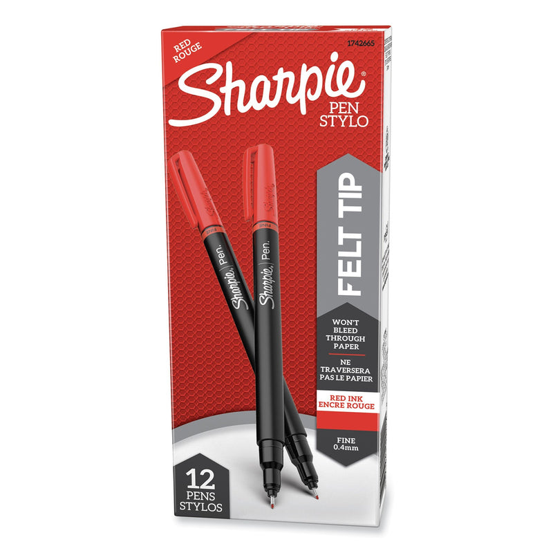 Sharpie Water-Resistant Ink Porous Point Pen, Stick, Fine 0.4 mm, Red Ink, Black/Gray/Red Barrel, Dozen