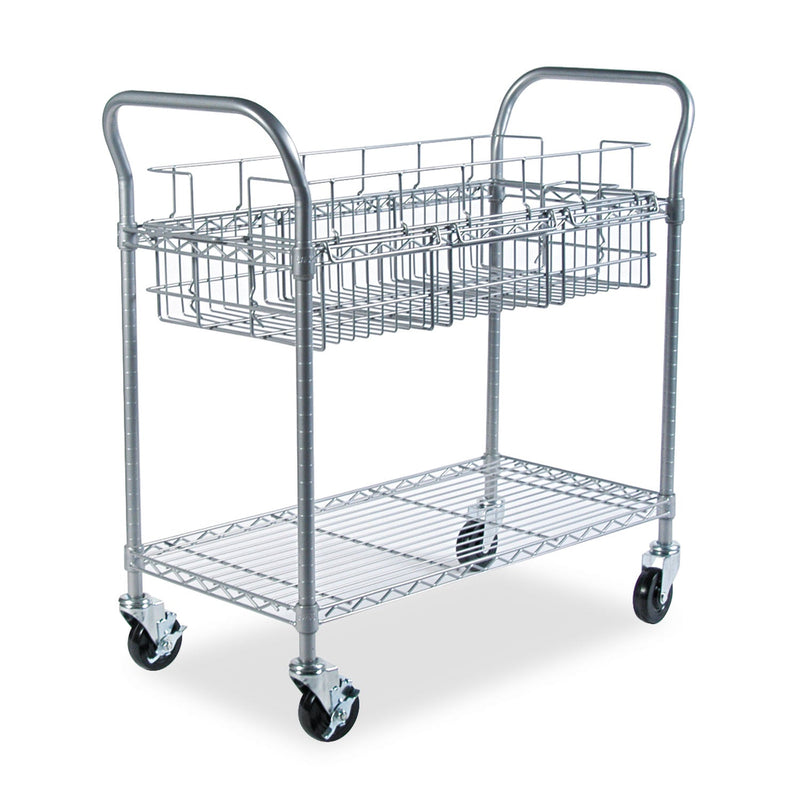 Safco Dual-Purpose Wire Mail and Filing Cart, Metal, 1 Shelf, 1 Bin, 39" x 18.75" x 38.5", Metallic Gray