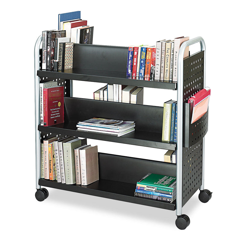 Safco Scoot Double-Sided Book Cart, Metal, 6 Shelves, 1 Bin, 41.25" x 17.75" x 41.25", Black