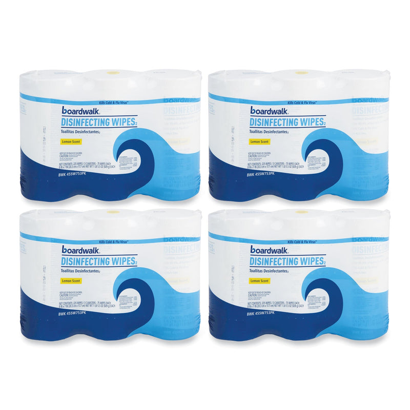 Boardwalk Disinfecting Wipes, 7 x 8, Lemon Scent, 75/Canister, 12 Canisters/Carton