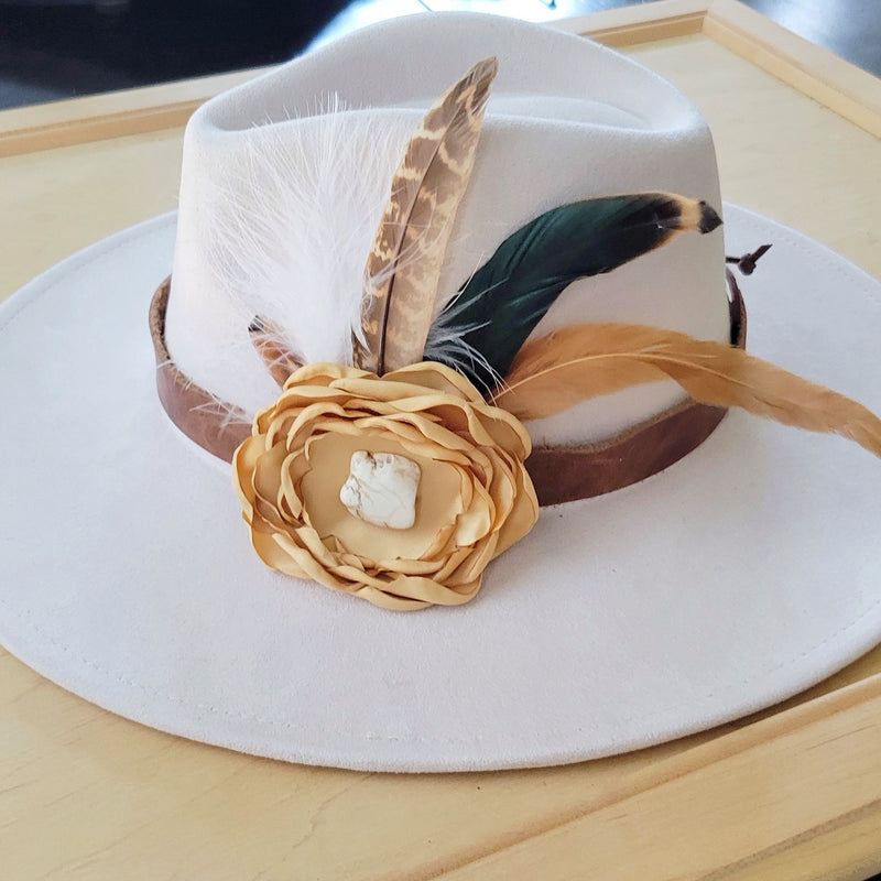 Leather Hat Band w/ Silk Flower & Feathers-Gold (Band Only) 952x