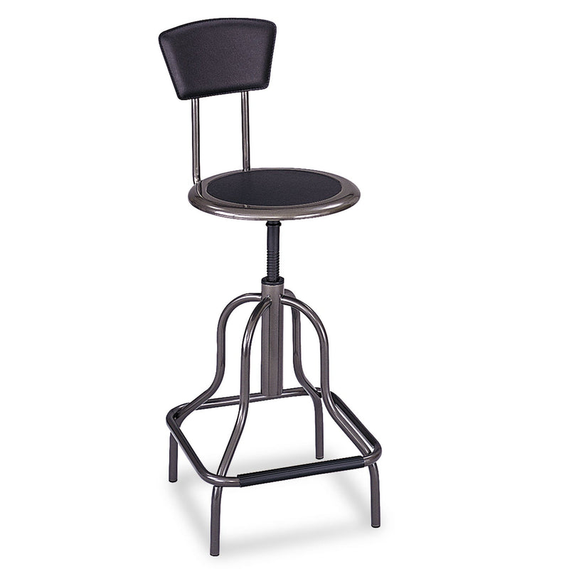 Safco Diesel Industrial Stool with Back, Supports Up to 250 lb, 22" to 27" Seat Height, Black Seat/Back, Pewter Base