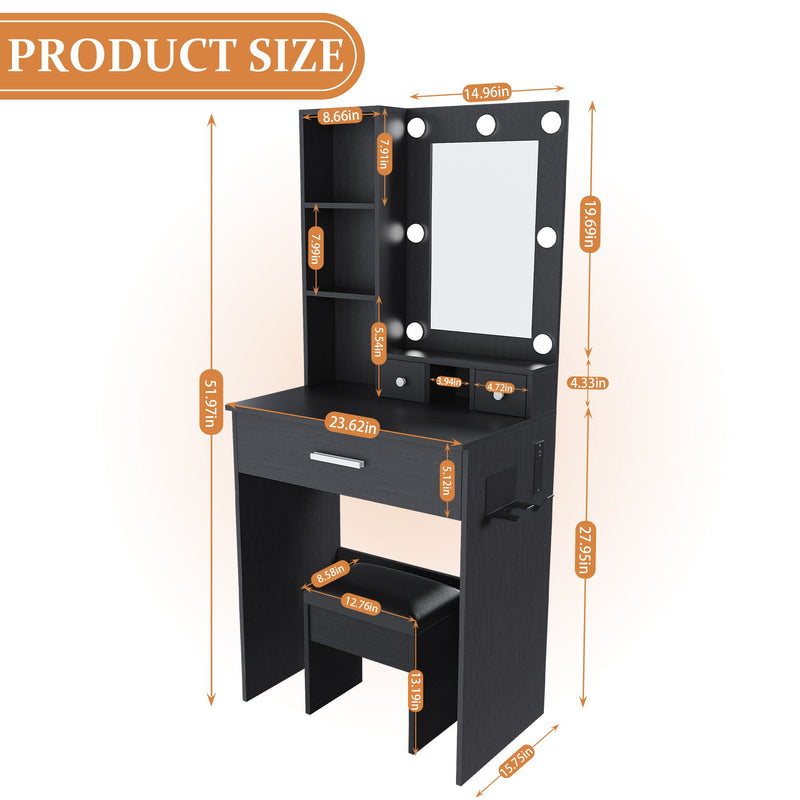 Vanity Table With Mirror, Adjustable LED Lights, Power Outlet, Hairdryer Holder & Stool