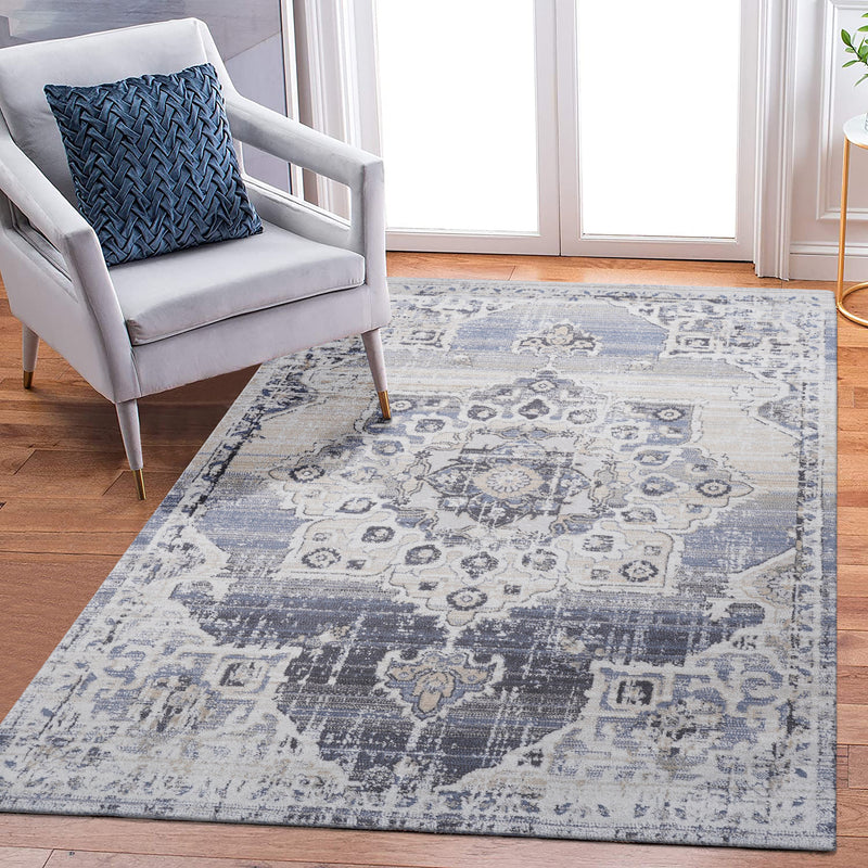 NAAR PAYAS Collection 5X7 Cream / Blue / Medallion Area Rug