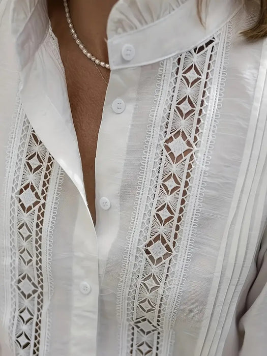 Elegant White V-Neck Blouse With Lace Details