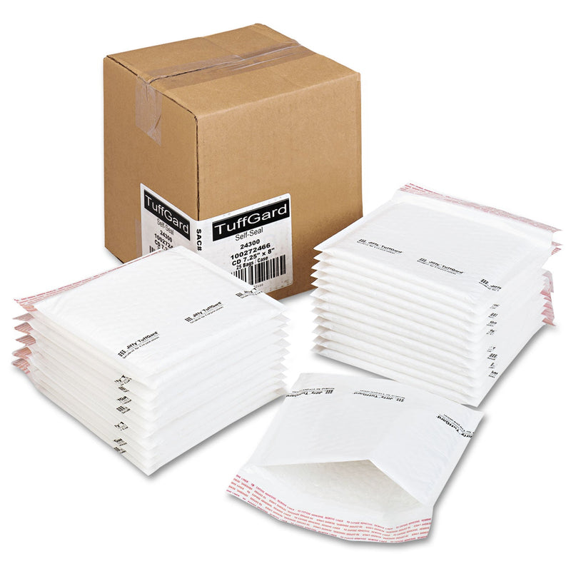 Sealed Air Jiffy TuffGard Self-Seal Cushioned Mailer for CDs, Barrier Bubble Cushion, Self-Adhesive Closure, 7.25 x 8, White, 25/CT