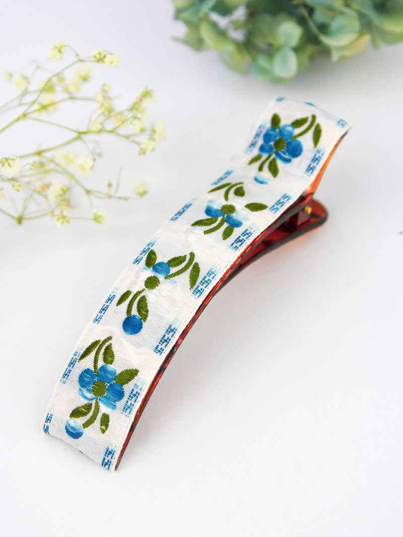 Blue Clematis Floral Ribbon Hair Clip