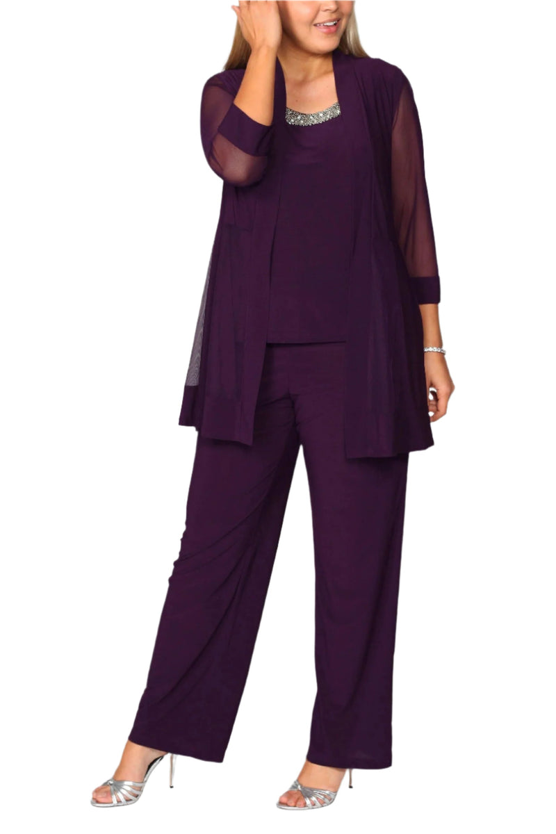 R&M Richards Three Piece Pants Suit Round Neck Sleeveless Top with Soft-Cut Draped Lapel Mesh Jacket Formal Dress (Plus Size)