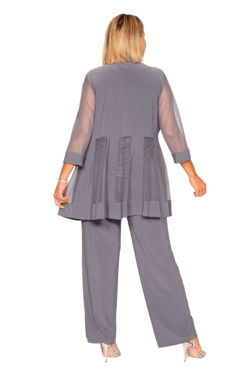 R&M Richards Three Piece Pants Suit Round Neck Sleeveless Top with Soft-Cut Draped Lapel Mesh Jacket Formal Dress