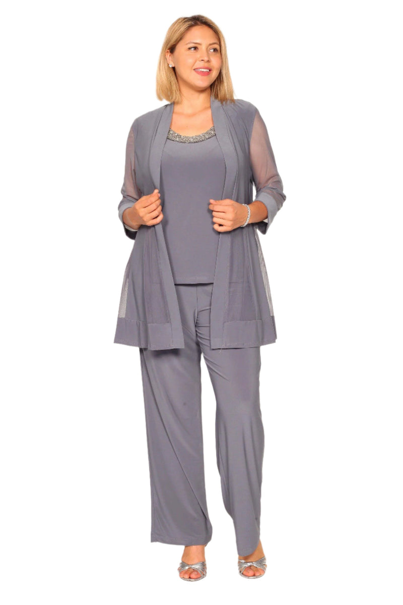 R&M Richards Three Piece Pants Suit Round Neck Sleeveless Top with Soft-Cut Draped Lapel Mesh Jacket Formal Dress