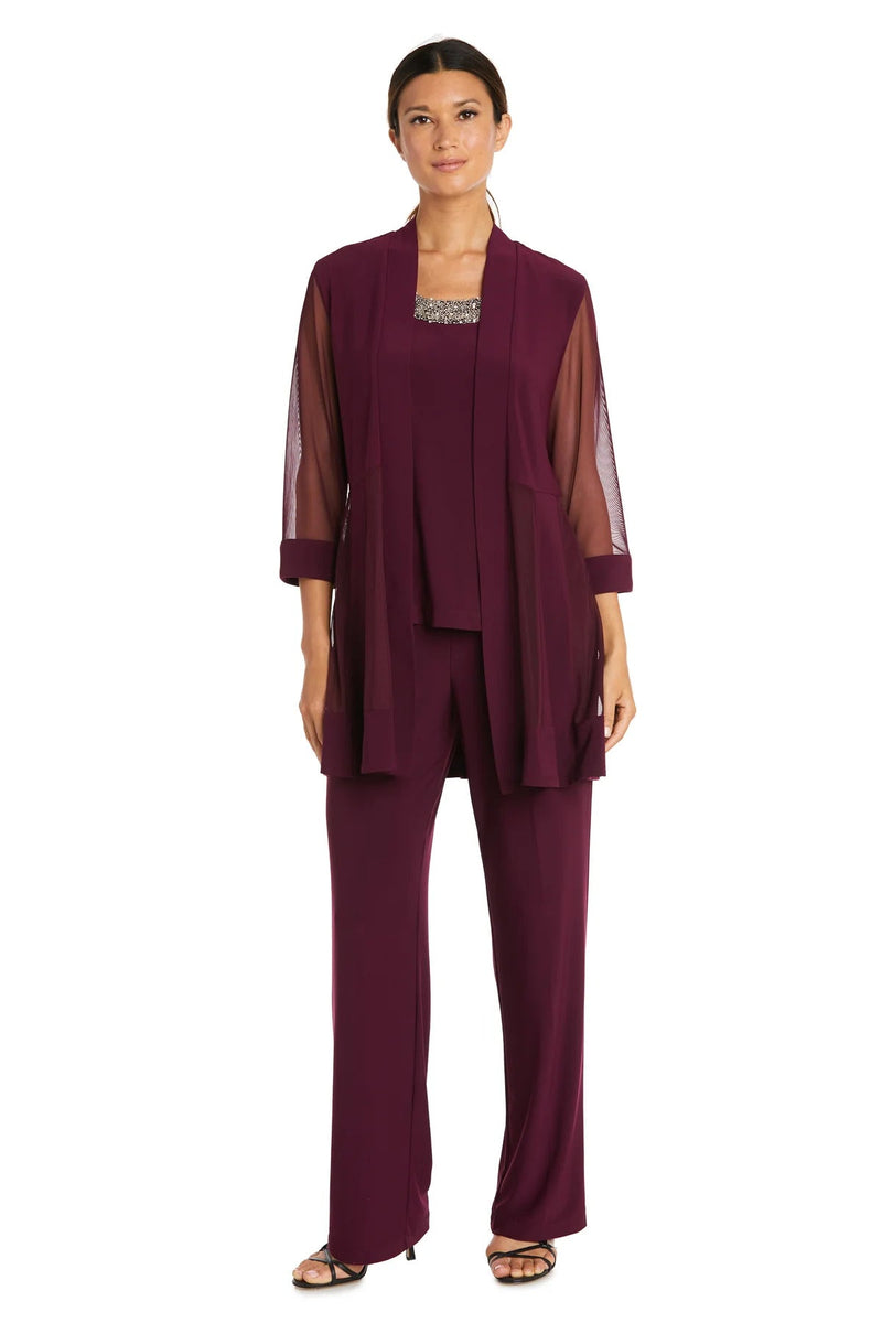 R&M Richards Three Piece Pants Suit Round Neck Sleeveless Top with Soft-Cut Draped Lapel Mesh Jacket Formal Dress