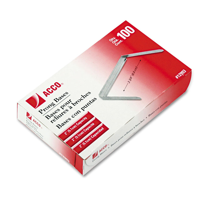 ACCO Standard Two-Piece Two-Prong Paper Fastener Bases, 2" Capacity, 2.75" Center to Center, Silver, 100/Box
