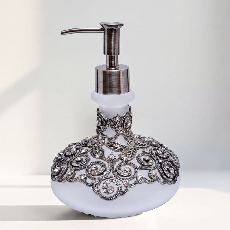 Soap Dispenser - Elegant Frosted Glass Bathroom Lotion Pump Bottle with Rhinestones