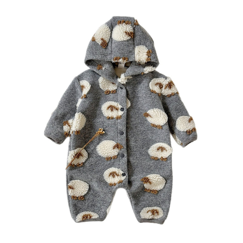 Gray Hooded Lambskin Romper For Babies And Toddlers