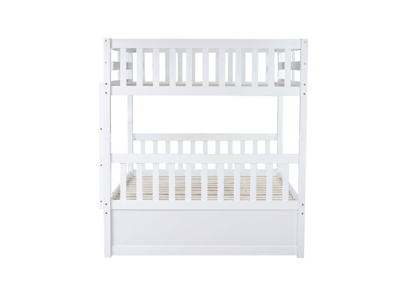 Full Over Full Rubber Wood Bunk Bed with Trundle, Ladder and Guardrails, Convertible to 2 Full Size Beds, with Twin Size Trundle,White