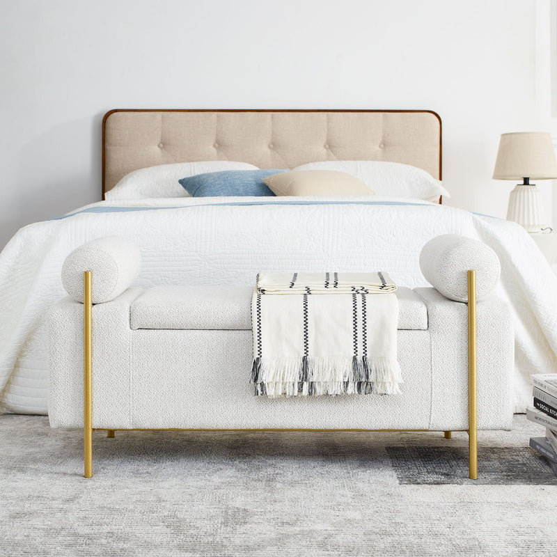 Elegant Upholstered Storage Bench With Cylindrical Arms And Iron Legs,