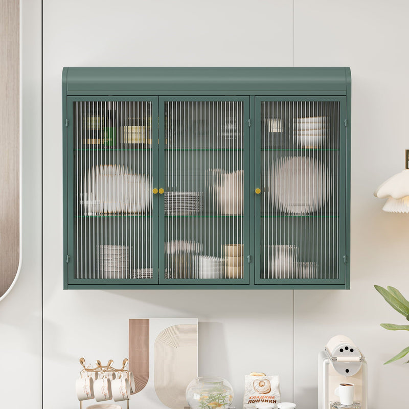 Arched Wall Mounted Cabinet, 3 Door Storage For Kitchen - Dark Green