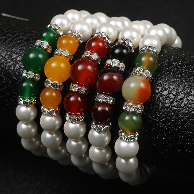 Popular Natural Agate Stone Pearl Stretch Bracelet