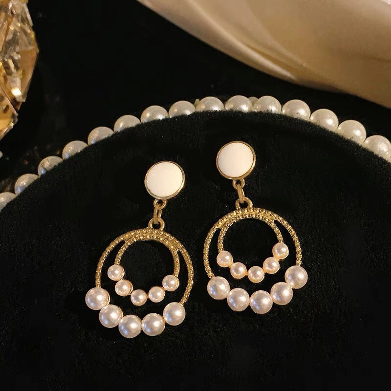Pearl Paved Double Round Circle Earring