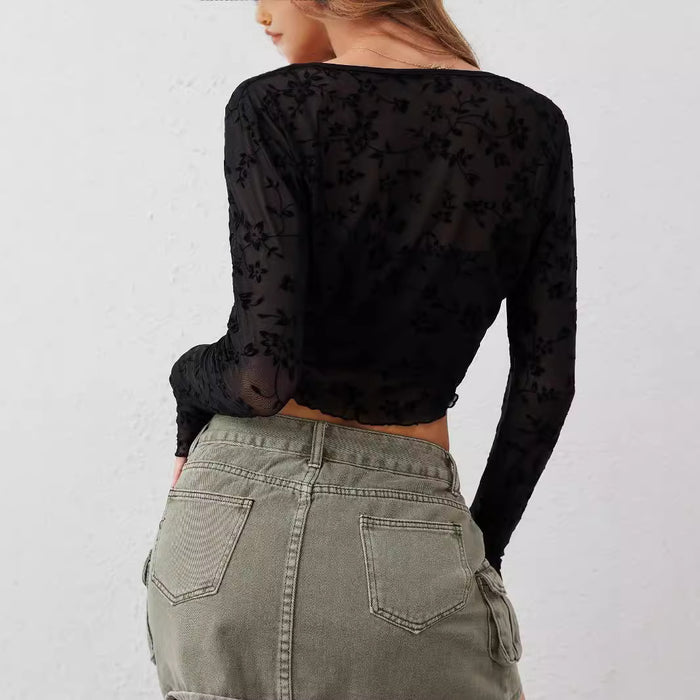 European And American Elegant Women's Transparent Mesh Flocking Front Lace-up Top
