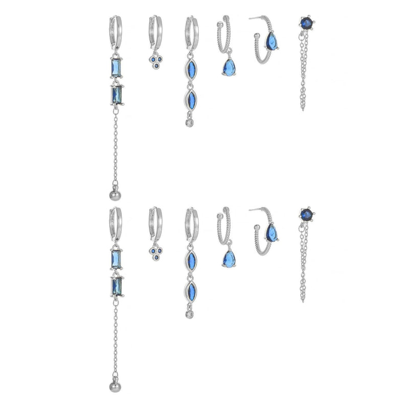 Stacking 6 Pieces Long Tassel Vintage Earring Set with Micro-Pavé Dazzling Blue Zircons, 18k Gold Plated Ear Studs & Ear Drops, S925 Needle, Stacked Lobe Designs with Dazzling Zirconia