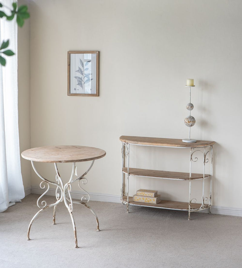 Round Wooden Table With Metal Scrollwork Legs - White Washed