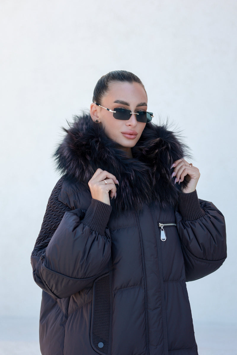 Dakota Genuine Fur Trim Down Fill Coat in Fig