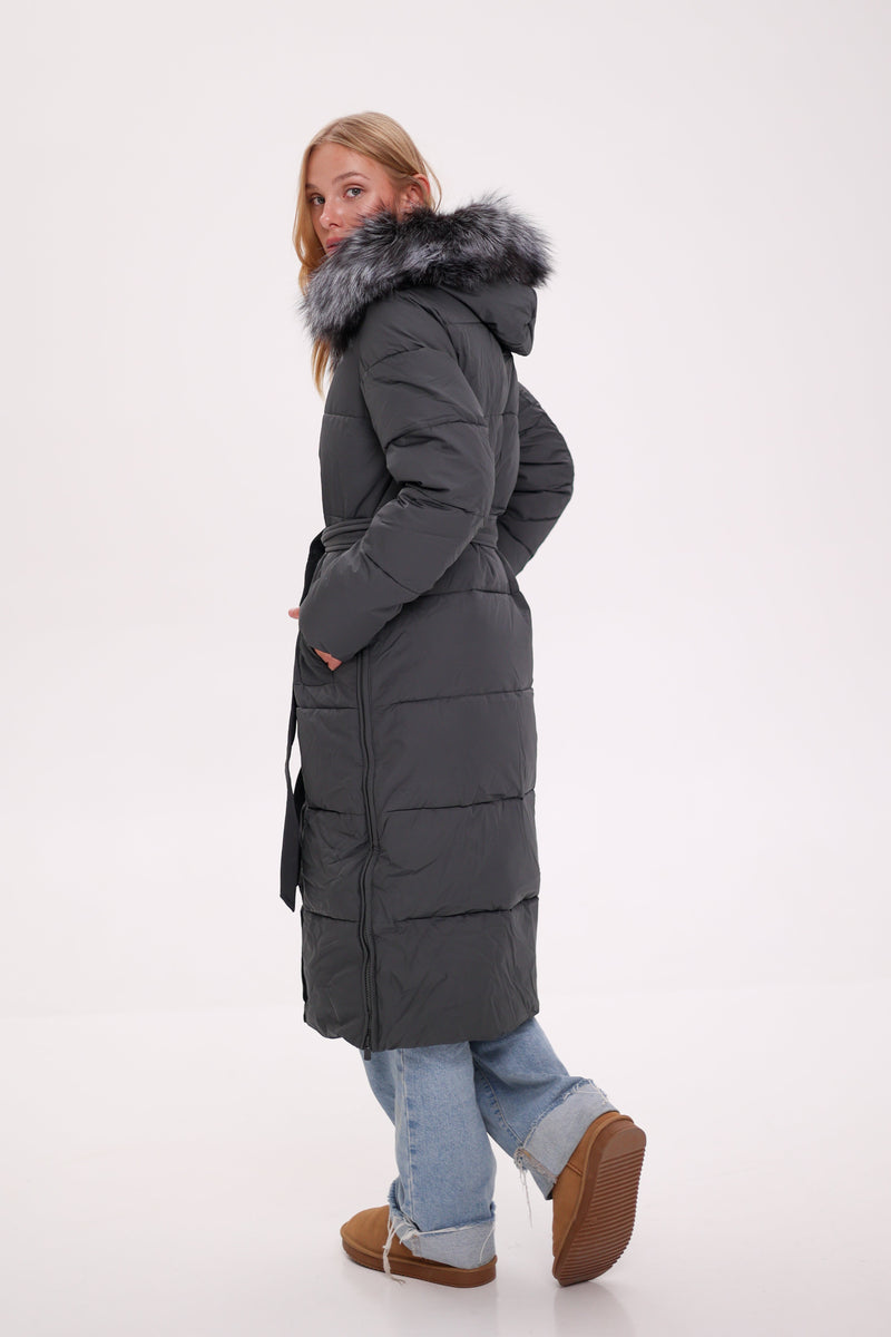 Genuine Silver Fox Belted Winter Insulated Coat