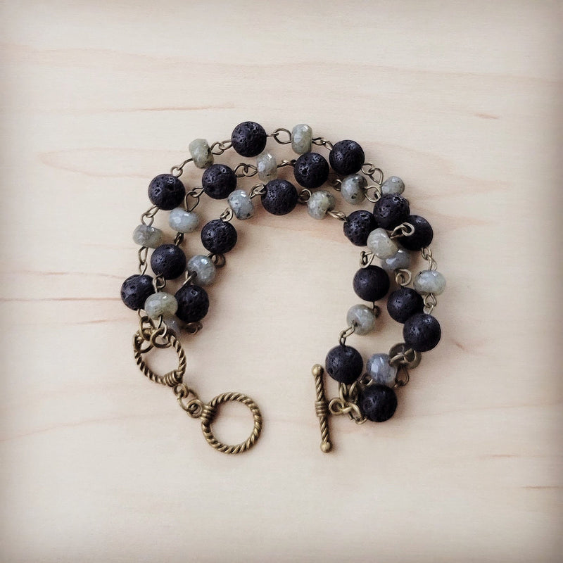 Labradorite and Lava Triple Strand Bracelet 808k