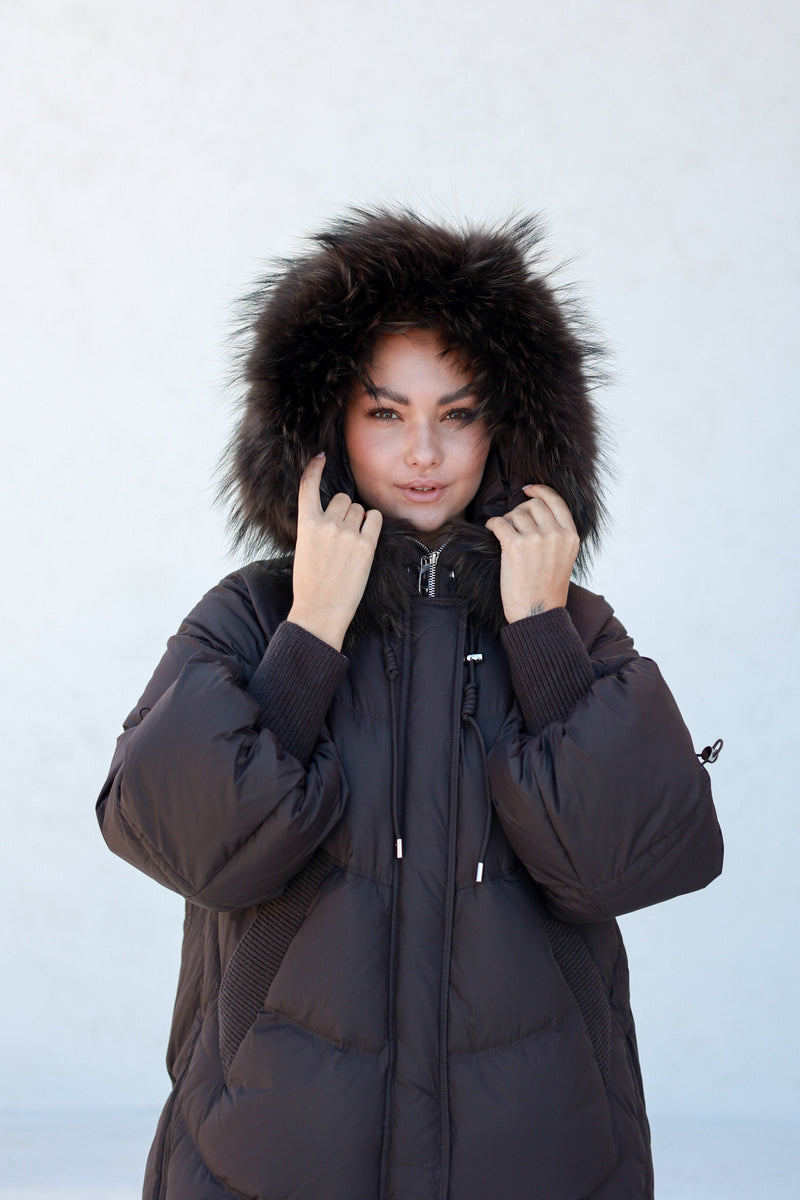 Celeste Genuine Fur Trim Down Fill Coat in Fig