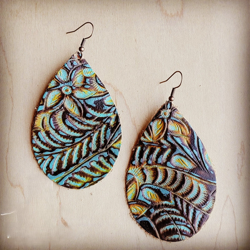 **Leather Teardrop Earrings in Dallas Turquoise 207g