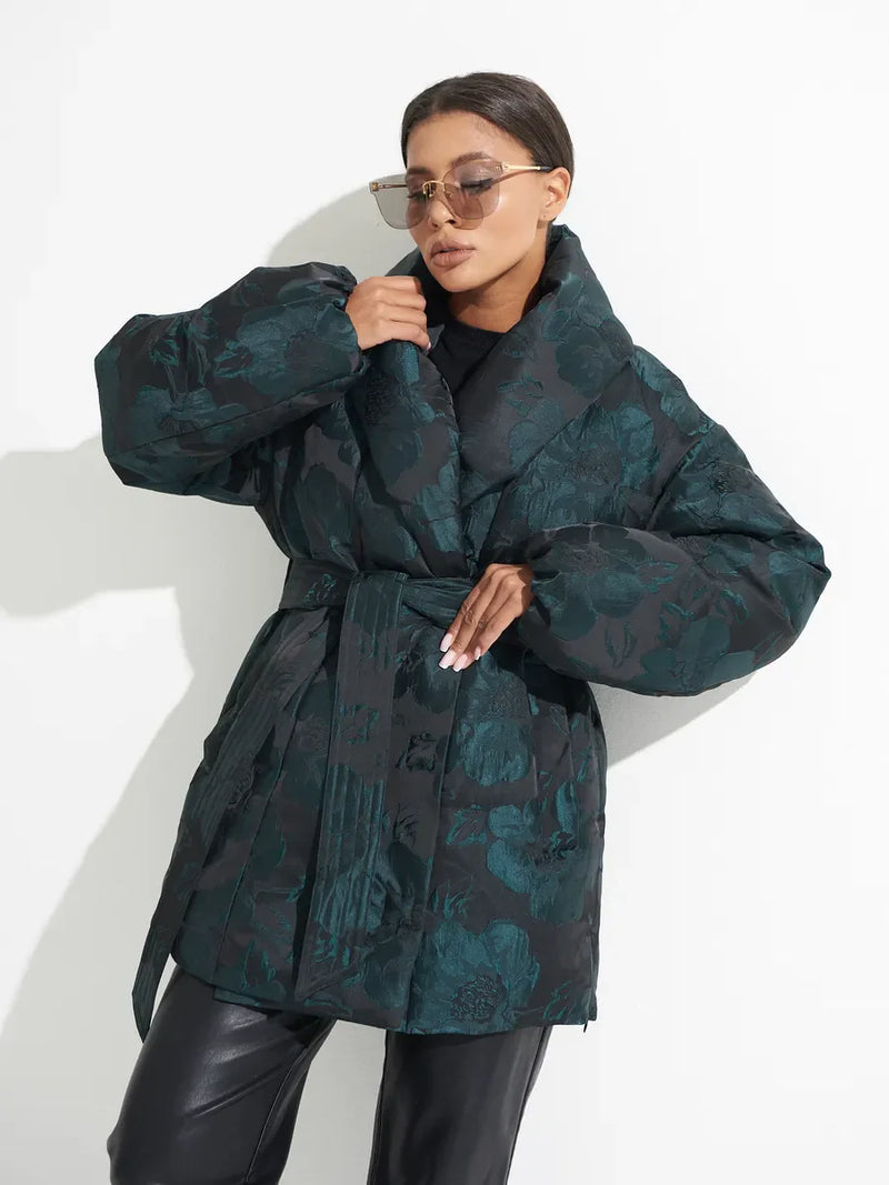 Monochrome Jacquard Down Coat in Vintage Emerald