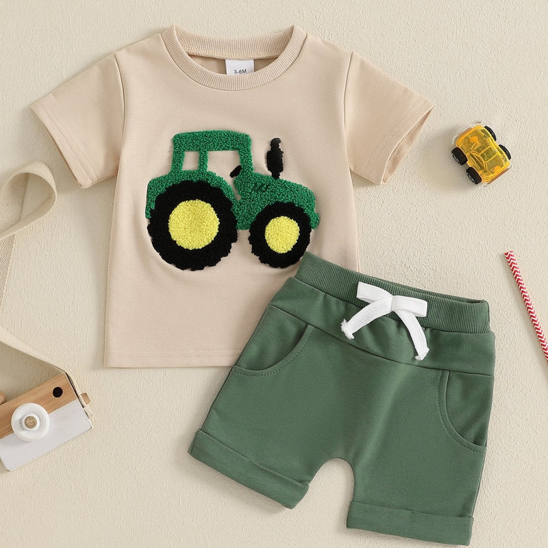 Toddler Boys Summer Outfits Truck Embroidered Round Neck