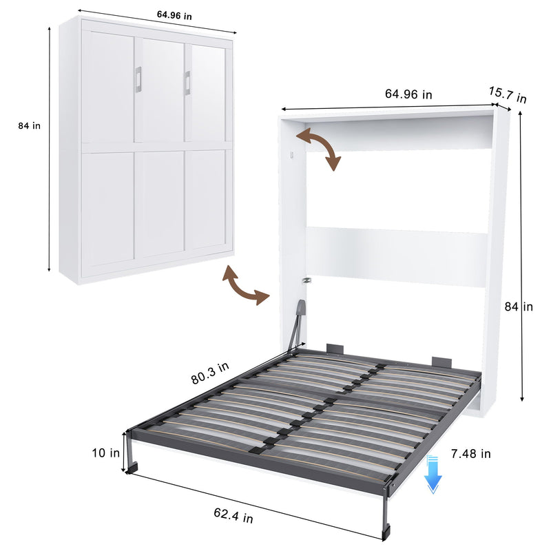 Queen Murphy Bed, Foldable Wall Bed, Space Saving Design For Bedrooms - White