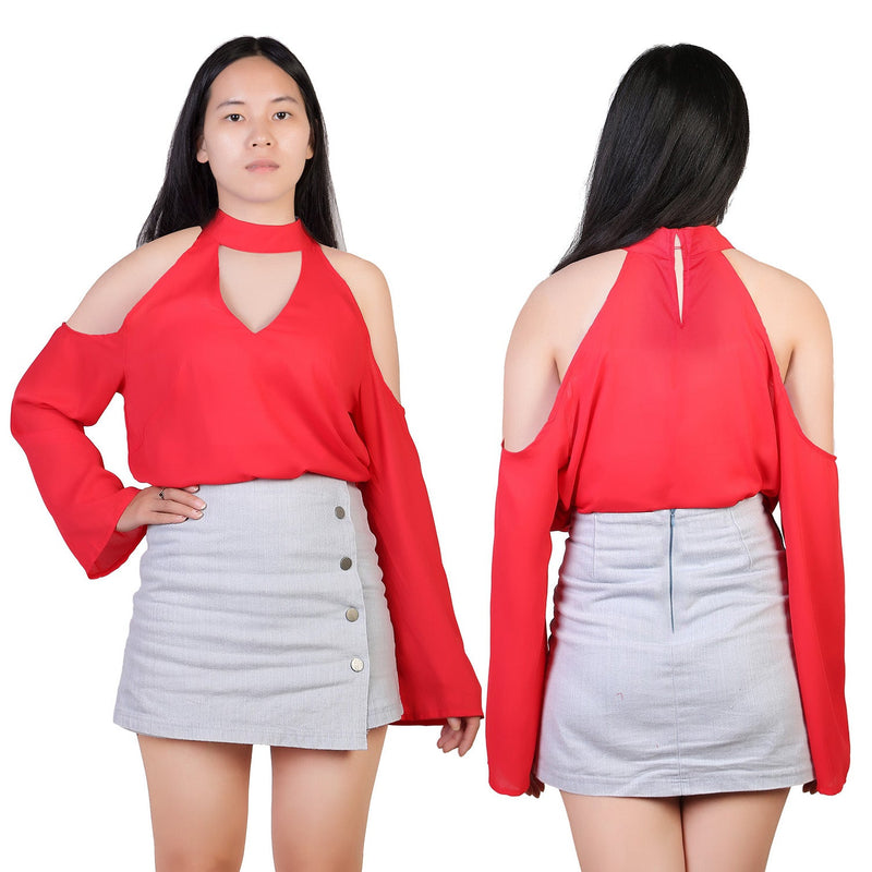 Women\'s Sexy Off The Shoulder Blouses Cold Shoulder Tops V-Neck Long Sleeve T-Shirt Solid Color Summer