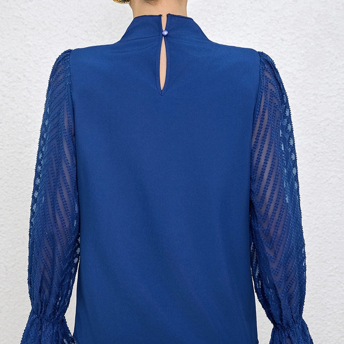 Women's Solid Color Mesh Patchwork Long Sleeved Shirt With Black Fungus Edge Collar
