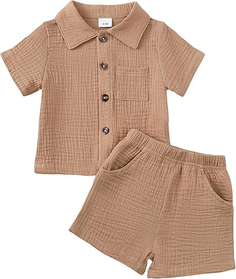 Baby Boy Cotton-Linen Solid Color Textured Fabric Lapel Collar Short-Sleeve Top Elastic Waist Shorts Set