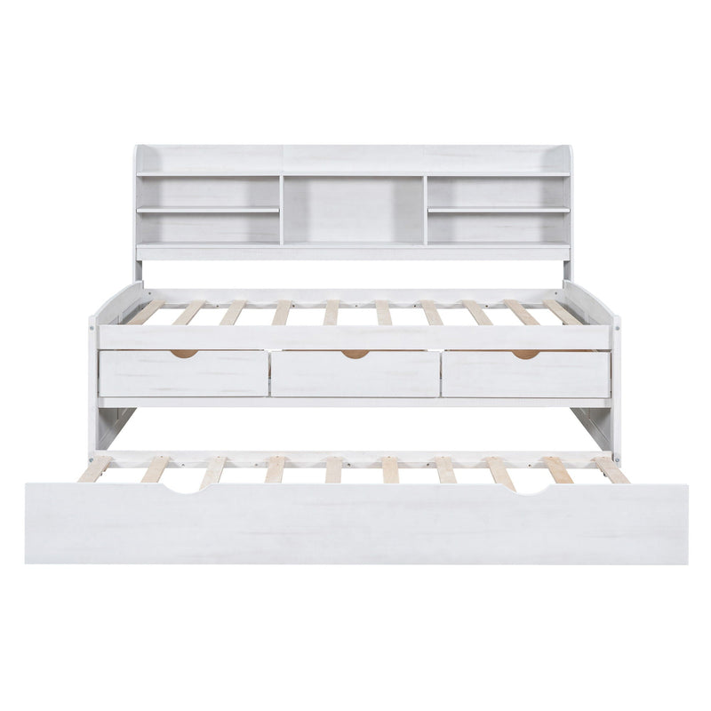 Captain Bed With Built In Bookshelves, 3 Storage Drawers, And Trundle