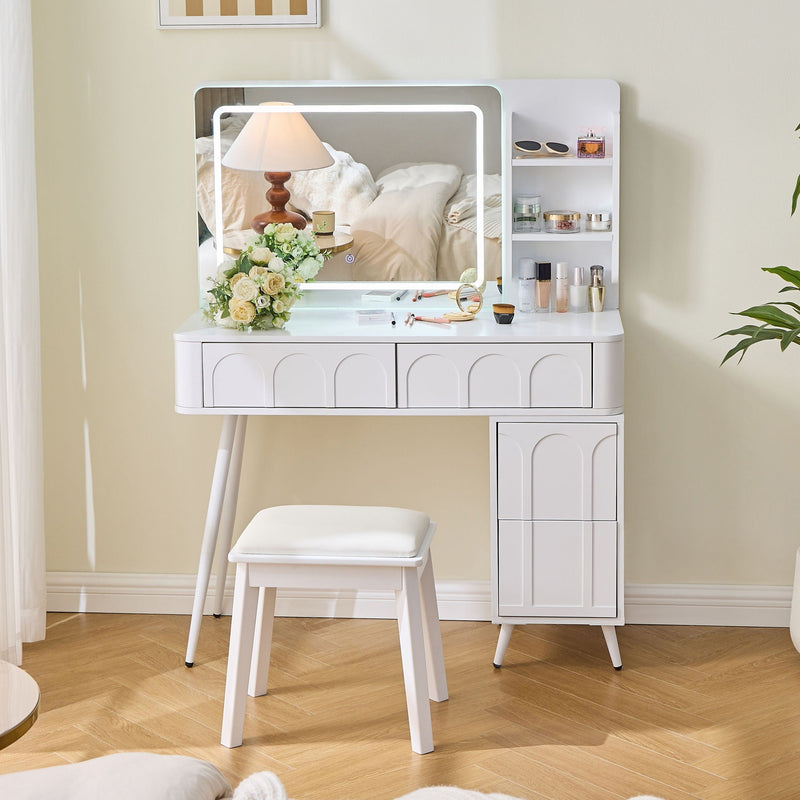 Modern Makeup Vanity Desk With LED Lights & Mirror 4 Drawer Dressing Table Set Space Saving For Bedroom - White