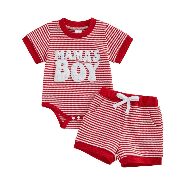 Baby Boy Striped Embroidered MAMA Romper And Shorts Two-Piece Set