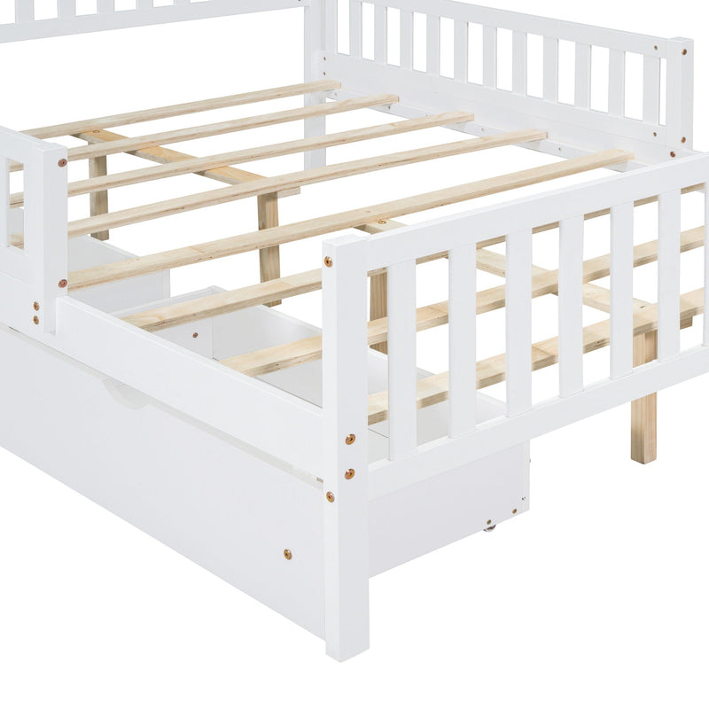 Platform Bed With Guardrails On Both Sides And 2 Storage Drawers