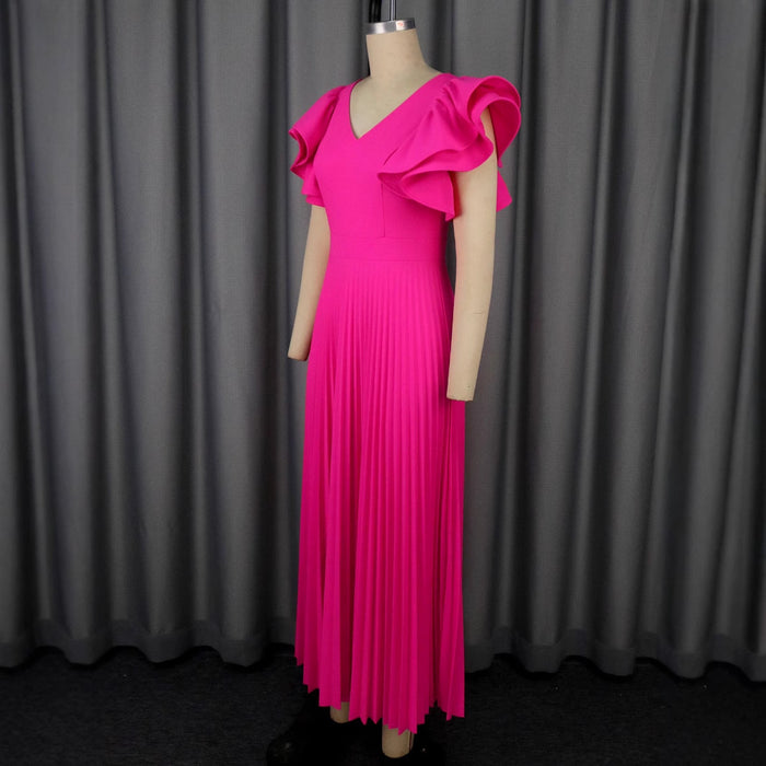 V-neck Elegant New Ruffled Short Sleeve Pleated Skirt