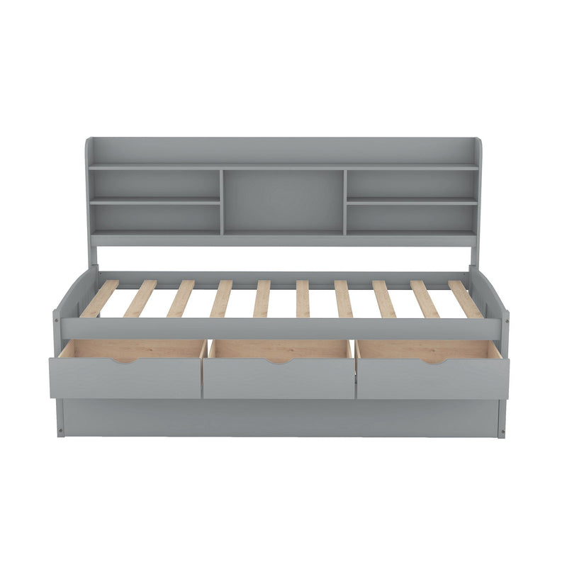 Captain Bed With Built In Bookshelves, 3 Storage Drawers, And Trundle