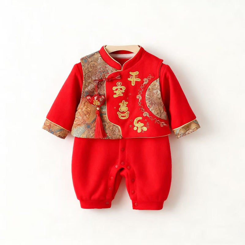 AutumnWinter Red Festive Fleece-Lined Warm RomperCrawling Suit