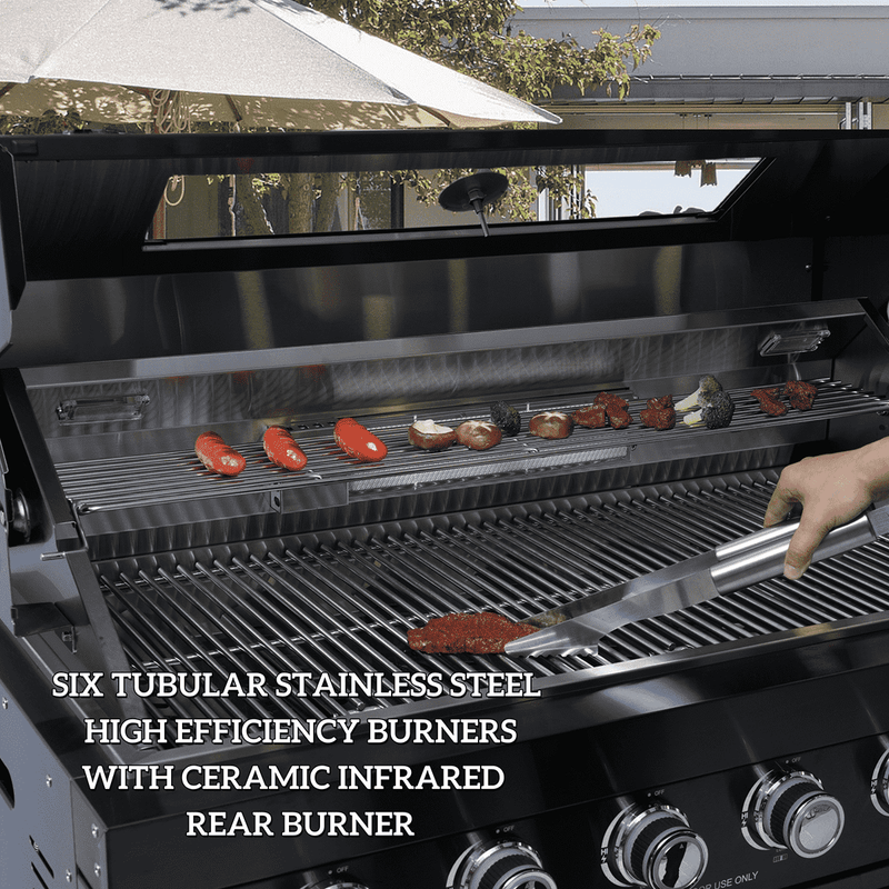 NG 85" 6-Burner 85,000 BTU Black Outdoor Kitchen Island Grill Refrigerator + Rotisserie Kit + Sink