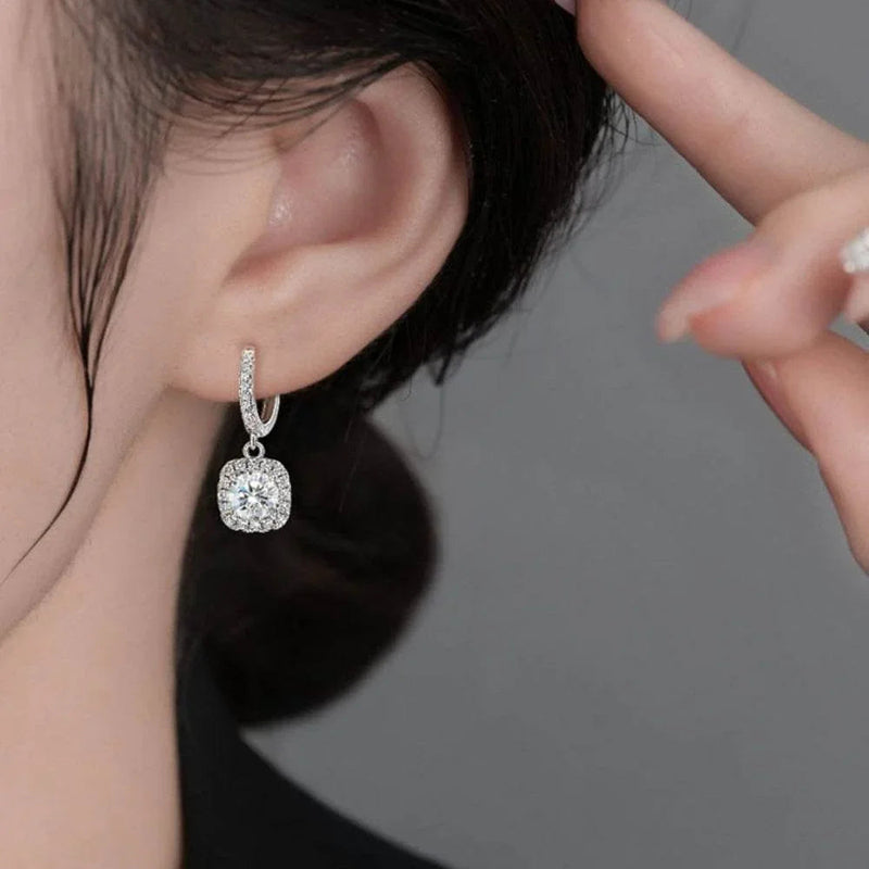 S925 Emerald Green Moissanite  or CZ Square Halo Earrings with Pavé-Set Halo & Hoop, 1ct D-Grade VVS1 Round Moissanite with GAR certification, Sterling Silver Earrings