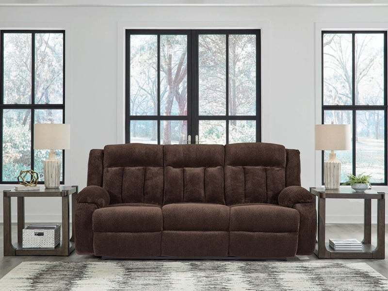 Free Wake - Reclining Power Sofa With Drop Down Table - Chocolate