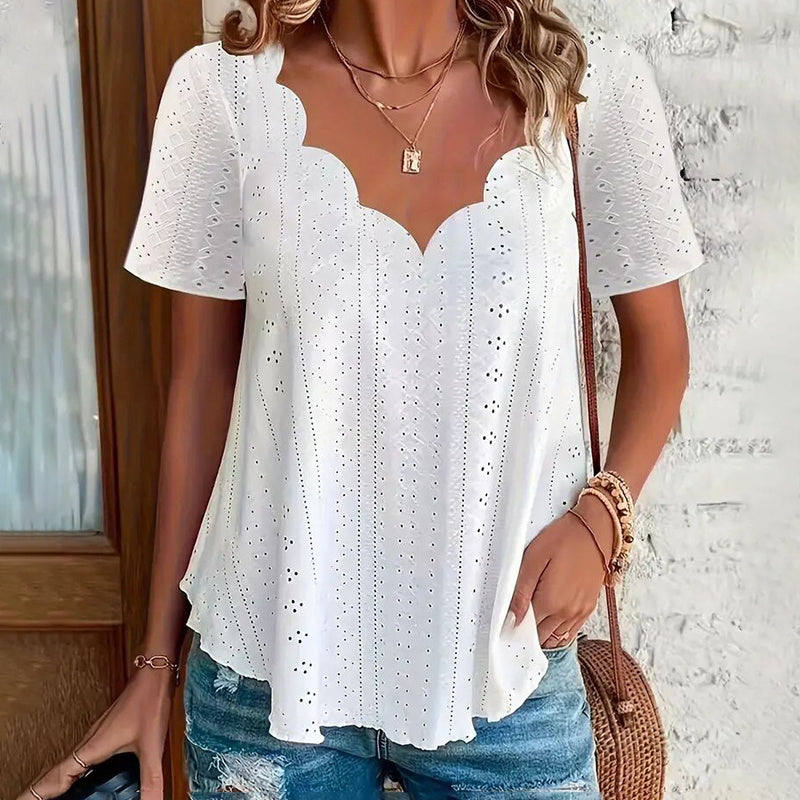 Womens Summer Scallop Trim V Neck Eyelet T-Shirt Short Sleeve Top Dressy Casual Tunic Blouses