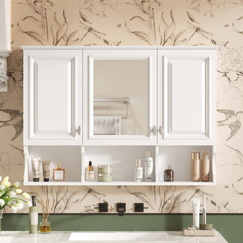 Modern Wall Mounted Mirror Medicine Cabinet With Open Shelves, Adjustable Interior, Storage Over Toilet